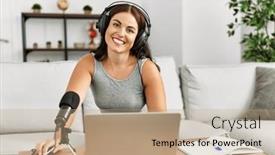  Presentation with journalist - PPT theme consisting of young-beautiful-hispanic-woman-journalist background and a coral colored foreground