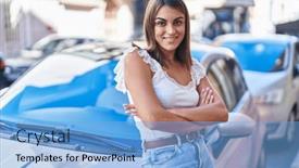  Presentation with car door - PPT theme having young-beautiful-hispanic-woman-leaning background and a light blue colored foreground