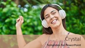  Presentation with beautiful hispanic woman - Presentation design with young-beautiful-hispanic-woman-listening background and a coral colored foreground