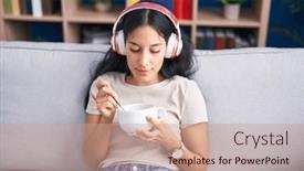  Presentation with chinese food - Presentation having young-beautiful-hispanic-woman-listening background and a coral colored foreground