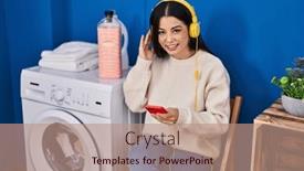  Presentation with waiting room - Presentation theme with young-beautiful-hispanic-woman-listening background and a coral colored foreground