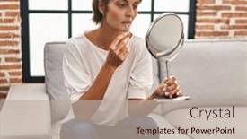  Presentation with beautiful hispanic woman - PPT theme with young-beautiful-hispanic-woman-looking background and a mint green colored foreground