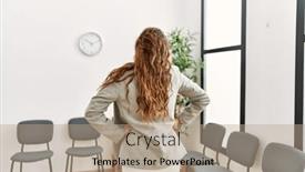  Presentation with waiting room - PPT theme having young-beautiful-hispanic-woman-looking background and a coral colored foreground