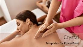  Presentation with salon - Theme enhanced with young-beautiful-hispanic-woman-lying background and a coral colored foreground