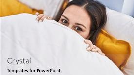  Presentation with woman covering man mouth hand - PPT theme enhanced with young-beautiful-hispanic-woman-lying background and a white colored foreground