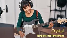  Presentation with beautiful hispanic woman - PPT theme featuring young-beautiful-hispanic-woman-musician background and a tawny brown colored foreground