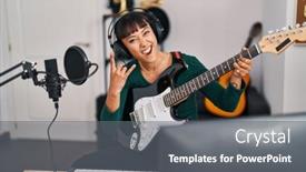  Presentation with beautiful hispanic woman - Presentation design featuring young-beautiful-hispanic-woman-musician background and a gray colored foreground