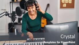  Presentation with beautiful hispanic woman - Slide deck with young-beautiful-hispanic-woman-musician background and a gray colored foreground