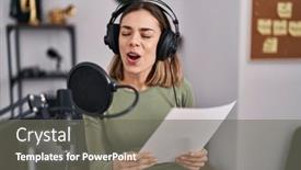  Presentation with music singing - Presentation theme featuring young-beautiful-hispanic-woman-musician background and a gray colored foreground