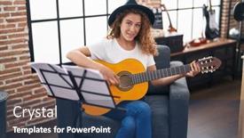  Presentation with classical music - Slides with young-beautiful-hispanic-woman-musician background and a ocean colored foreground