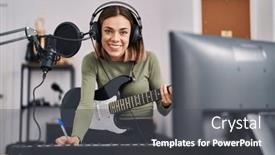  Presentation with music studio - PPT theme consisting of young-beautiful-hispanic-woman-musician background and a dark gray colored foreground