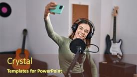  Presentation with music studio - Presentation theme having young-beautiful-hispanic-woman-musician background and a  colored foreground