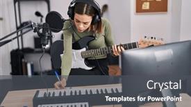  Presentation with music studio - Slide deck with young-beautiful-hispanic-woman-musician background and a dark gray colored foreground