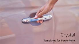  Presentation with car door - Presentation theme with young-beautiful-hispanic-woman-opening background and a coral colored foreground