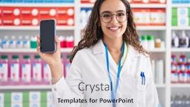  Presentation with smartphone app - Slide set with young-beautiful-hispanic-woman-pharmacist background and a light gray colored foreground