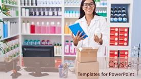  Presentation with beautiful hispanic woman - Slide set with young-beautiful-hispanic-woman-pharmacist background and a soft green colored foreground