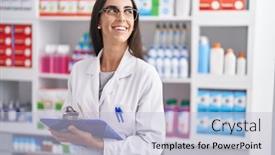 Presentation with beautiful hispanic woman - PPT theme enhanced with young-beautiful-hispanic-woman-pharmacist background and a  colored foreground