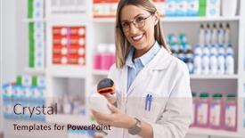  Presentation with scanning - PPT theme enhanced with young-beautiful-hispanic-woman-pharmacist background and a coral colored foreground