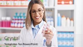  Presentation with pharmacy tablet - Presentation theme consisting of young-beautiful-hispanic-woman-pharmacist background and a sky blue colored foreground