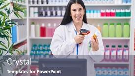  Presentation with scanning - PPT theme consisting of young-beautiful-hispanic-woman-pharmacist background and a gray colored foreground