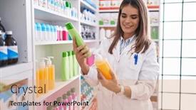  Presentation with shampoo - Presentation design with young-beautiful-hispanic-woman-pharmacist background and a coral colored foreground