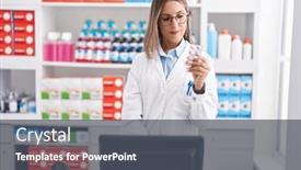  Presentation with pharmacy tablet - Presentation design with young-beautiful-hispanic-woman-pharmacist background and a dark gray colored foreground