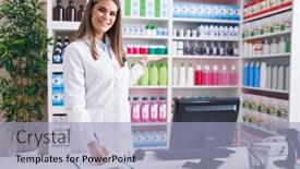  Presentation with pharmacist - Presentation design having young-beautiful-hispanic-woman-pharmacist background and a light blue colored foreground