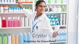 Presentation with medication - Presentation design consisting of young-beautiful-hispanic-woman-pharmacist background and a light blue colored foreground