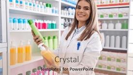  Presentation with shampoo - PPT theme with young-beautiful-hispanic-woman-pharmacist background and a coral colored foreground