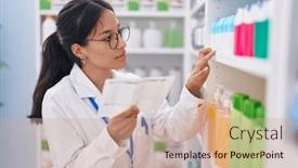  Presentation with prescription - PPT theme having young-beautiful-hispanic-woman-pharmacist background and a coral colored foreground