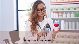  Presentation with medication - PPT theme consisting of young-beautiful-hispanic-woman-pharmacist background and a coral colored foreground