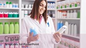  Presentation with shampoo - Presentation theme consisting of young-beautiful-hispanic-woman-pharmacist background and a soft green colored foreground