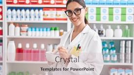  Presentation with pharmacy - PPT theme enhanced with young-beautiful-hispanic-woman-pharmacist background and a lemonade colored foreground