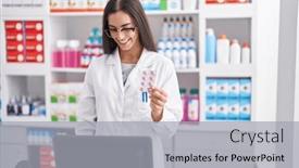  Presentation with pharmacy tablet - Presentation featuring young-beautiful-hispanic-woman-pharmacist background and a light gray colored foreground