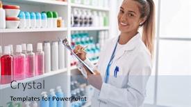  Presentation with pharmacy - PPT theme consisting of young-beautiful-hispanic-woman-pharmacist background and a light blue colored foreground