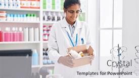  Presentation with pharmacy - Slide set having young-beautiful-hispanic-woman-pharmacist background and a light gray colored foreground