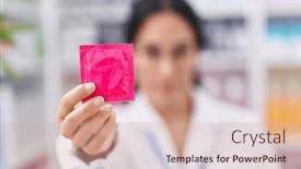  Presentation with condom - Presentation theme enhanced with young-beautiful-hispanic-woman-pharmacist background and a soft green colored foreground