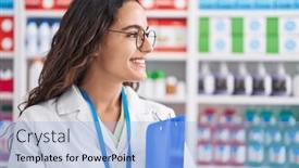  Presentation with confident young hispanic woman - Presentation design enhanced with young-beautiful-hispanic-woman-pharmacist and a light blue colored foreground