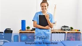  Presentation with rehab clinic - Presentation theme having young-beautiful-hispanic-woman-physiotherapist background and a teal colored foreground