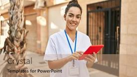  Presentation with physiotherapist - Presentation theme featuring young-beautiful-hispanic-woman-physiotherapist background and a coral colored foreground