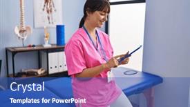  Presentation with rehab clinic - Slide set featuring young-beautiful-hispanic-woman-physiotherapist background and a ocean colored foreground