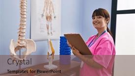  Presentation with rehab clinic - Presentation theme having young-beautiful-hispanic-woman-physiotherapist background and a violet colored foreground