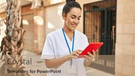  Presentation with physiotherapist - Slide deck consisting of young-beautiful-hispanic-woman-physiotherapist background and a coral colored foreground