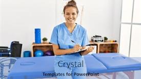  Presentation with rehab clinic - PPT theme having young-beautiful-hispanic-woman-physiotherapist background and a light blue colored foreground