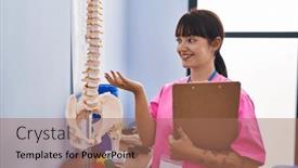  Presentation with rehab clinic - PPT theme having young-beautiful-hispanic-woman-physiotherapist background and a coral colored foreground