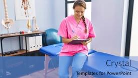  Presentation with confident young hispanic woman - Presentation theme with young-beautiful-hispanic-woman-physiotherapist and a teal colored foreground
