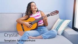  Presentation with classical guitar - Slides having young-beautiful-hispanic-woman-playing background and a light blue colored foreground