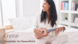  Presentation with ukulele - Presentation featuring young-beautiful-hispanic-woman-playing background and a coral colored foreground