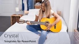  Presentation with classical guitar - Slide deck featuring young-beautiful-hispanic-woman-playing background and a light blue colored foreground