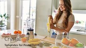  Presentation with smoothie - Slide set featuring young-beautiful-hispanic-woman-preparing background and a coral colored foreground